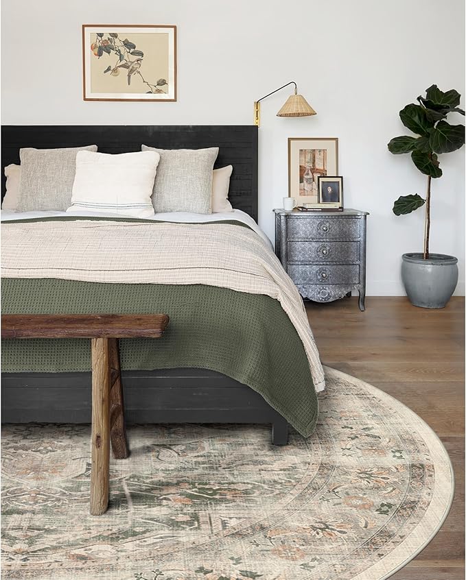 RUGGABLE Washable Vintage Area Rug – Sarrah Sage 6 ft Round, Stain-Resistant, Non-Slip – Medium Machine Washable Rugs for Living Room, Bedroom, Hallway, Entryway & Office–with Standard Pad