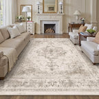Area Rug 9x12 Beige Washable Living Room Carpet Non Slip Vintage Medallion Indoor Bedroom Carpet Low Pile Soft Retro Distressed Large Rug Home Office Dining Room Playroom