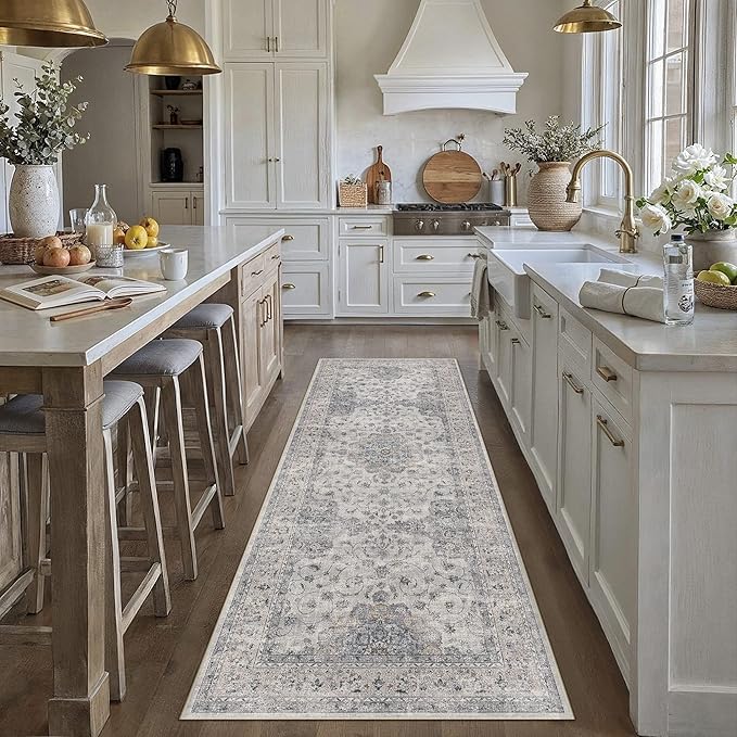 HUGEAR Machine Washable Hallway Runner Rugs 3x8 Vintage Blue Neutral Style Non Slip Stain Resistant Low Pile Throw Carpet for Bedroom Kitchen Retro Aesthetic Modern Decor