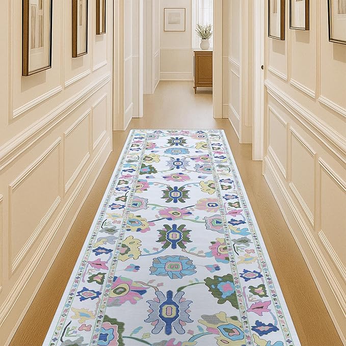 Fame Living Colorful Oushak Runner Rug, Modern Runners, Turkish, Eclectic, Floral, Pastel, Washable, Small Throw Rugs, Short Runner for Hallway, Entryway, Foyer, Bedroom, Kitchen, Bathroom, 2'5"x6'5"