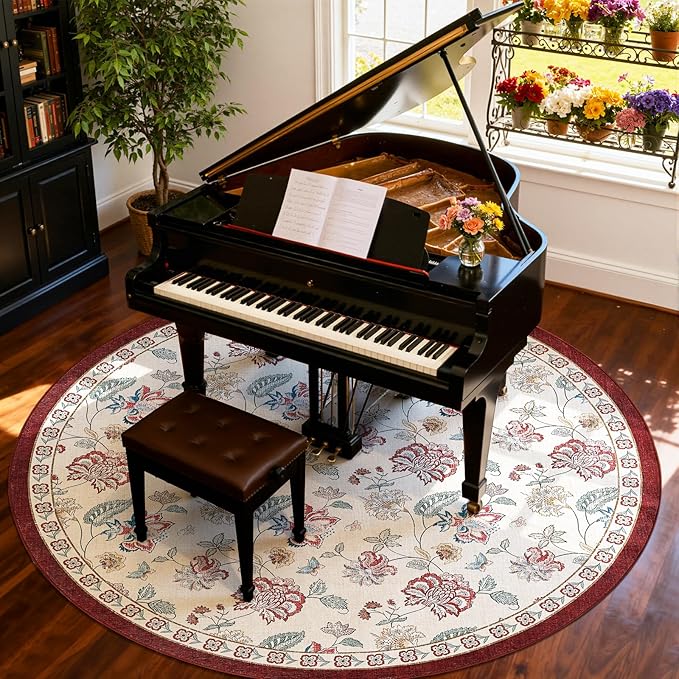 jinchan Elora 8ft Floral Round Rug for Dining Room Washable Living Room Rug Vintage Romance Design Non Slip Indoor Floor Cover Lightweight Low-Profile Throw Carpet for Bedroom Porch Patio, Red/Beige