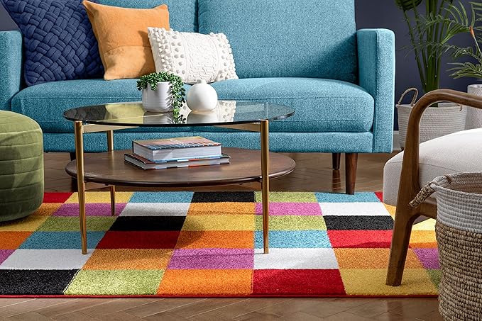 Well Woven Modern Rug Squares Multi Geometric Accent Area Rug (3'3" x 5') Entry Way Bright Kids Room Kitchn Bedroom Carpet Bathroom Soft Durable Area Rug
