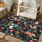 Black Area Rug 4x6 Office Floral Indoor Door Mat Washable Boho Kitchen Living Room Carpet Non Slip Bedroom Low Pile Lightweight Throw Rug for Dining Room Farmhouse