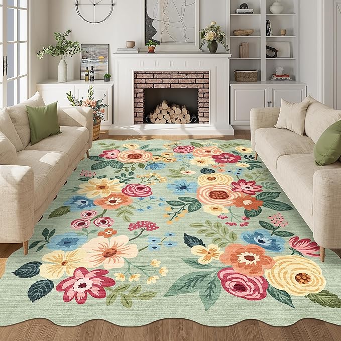 DUKINO 8x10 Area Rug, Floral Washable Rugs for Living Room with Non Slip Backing & Non-Shedding, Lightwight Low Pile Boho Design Large Carpets for Bedroom, Living Room, Dining Room, Green