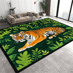 Tiger Rugs，3x5ft,Tiger and Green Leaf Print Rug for Living Room，A Colorful and Artistic Tiger Rug, Perfect for A Children's Play Area，Machine Washable Non-Slip Carpet Suitable for Bedroom and Study