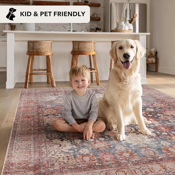 Kuden 2'6"x10 Runner Rug, Machine Washable Area Rug with Non-Slip Backing, Vintage Style, Soft, Easy Clean, Low Pile Rug for Hallway, Entryway, Kitchen, Bedroom