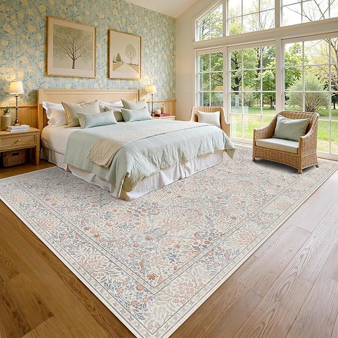 8x10 Floral Washable Area Rugs for Living Room, Vintage Boho Large Rug for Bedroom Dining Room, Distressed Botanical Birds Non Slip Low Pile Forest Animal Throw Carpet for Farmhouse Office, Beige Blue