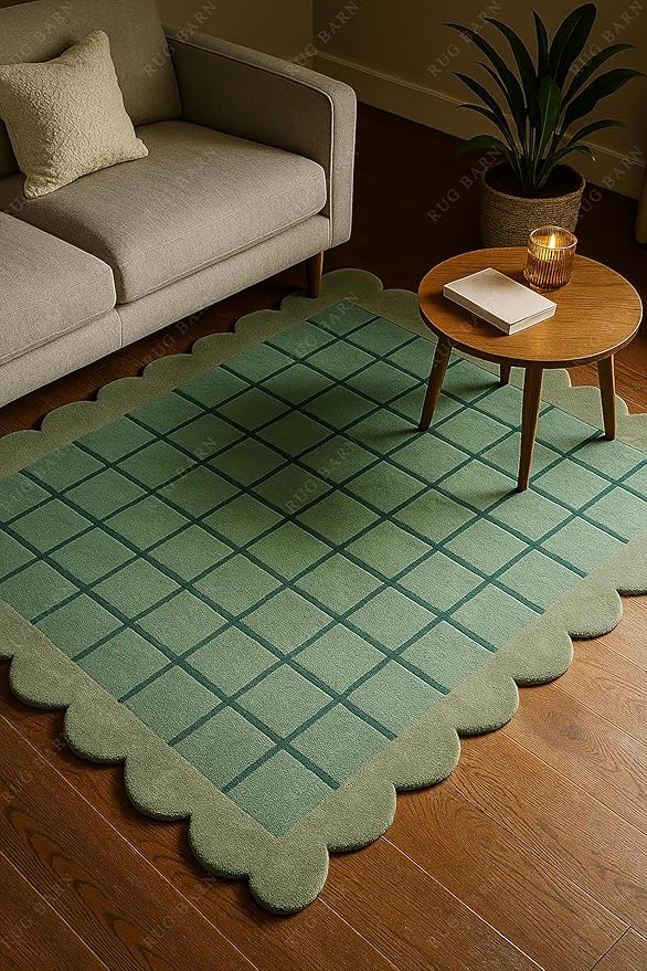Mint Green Scalloped Edge Wool Area Rug with Checker Grid Design, Hand-Tufted Soft Carpet for Living Room, Bedroom, Nursery, Kids & Playroom Décor - 7x7 Ft (Round)