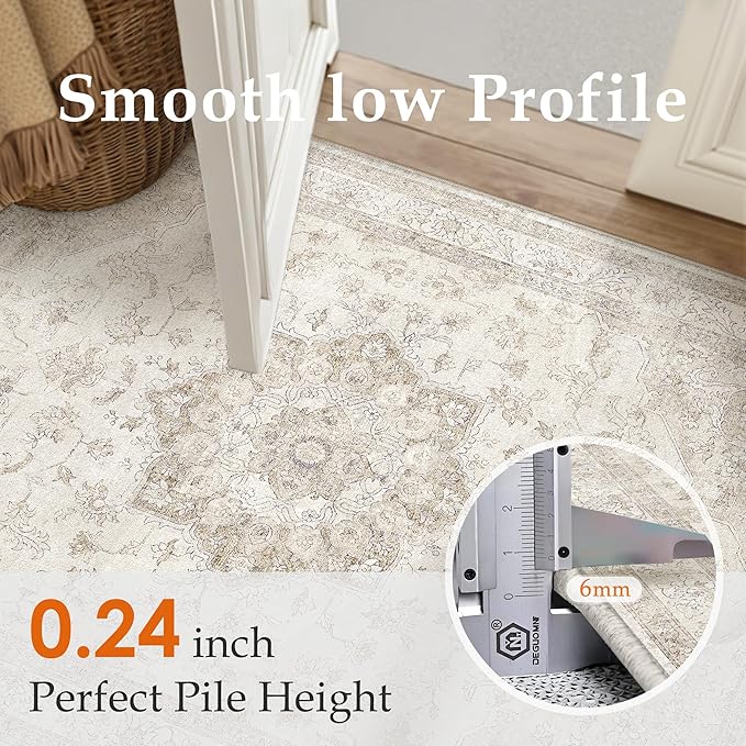 Beige Area Rug 9x12 Washable Vintage Carpet for Living Room Bedroom Large Soft Retro Low Pile Thin Indoor Rug Non Slip Oriental Medallion Floor Cover for Dining Room Office