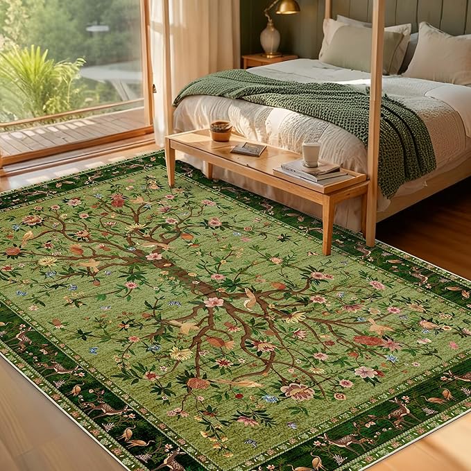 Green Rugs for Living Room 5x7 Area Rugs, Machine Washable Non-Slip Carpet, Boho Floral Low Pile Throw Rugs for Bedroom, Dining Room, Office, Nursery, Vintage Home Decor