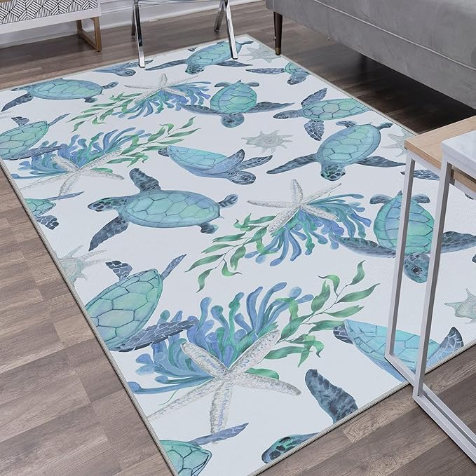 Tritard Coastal Sea Turtles Area Rugs Beach Themed Nautical Starfish Coral Accent Rugs Non-Slip Sea Marine Life Rugs Floor Carpet for Living Room Bedroom, Blue, 3x5 Feet