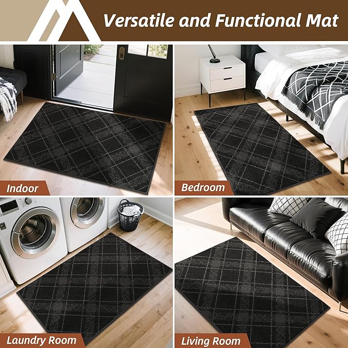 COSY HOMEER Plaid Door Mat 32" x 48",Dirt Trapper Entryway Rugs,Non-Slip Washable Farmhouse Doormat,Low Profile Welcome Mats for Paws Black