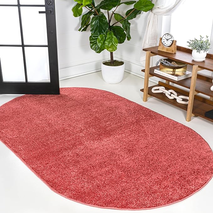 Eyely UES100E-3OV Haze Solid Low-Pile Red 3 ft. x 5 ft. Oval Area Rug, Pet Friendly, Stain Resistant, Easy Cleaning, for Bedroom, Living Room, Kitchen