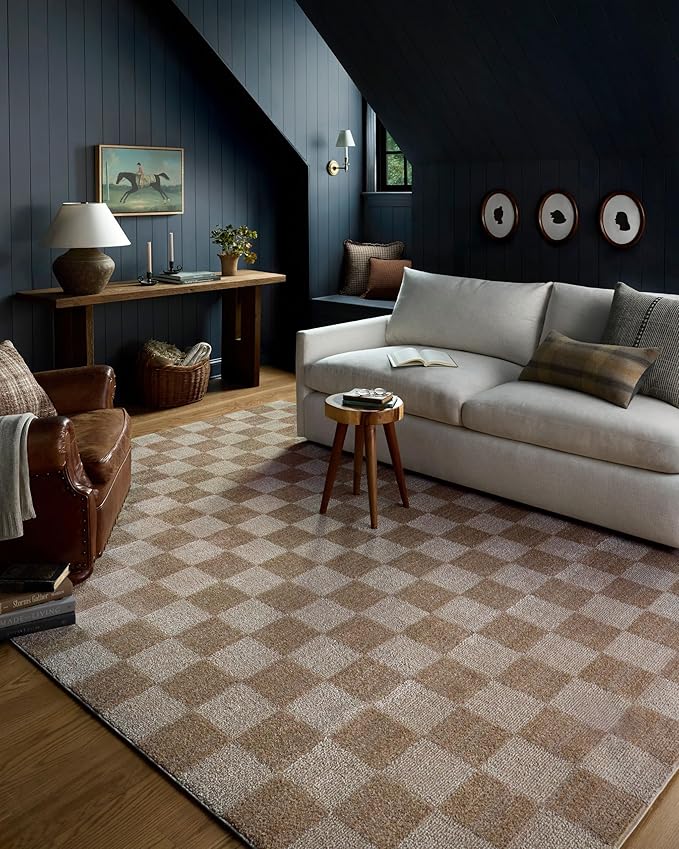 Loloi Chris Loves Julia Calvin Collection CLV-01 Pebble/Ivory 6'-3" x 9'-6" Area Rug Checkered Neutral Soft Living Room Bedroom Carpet