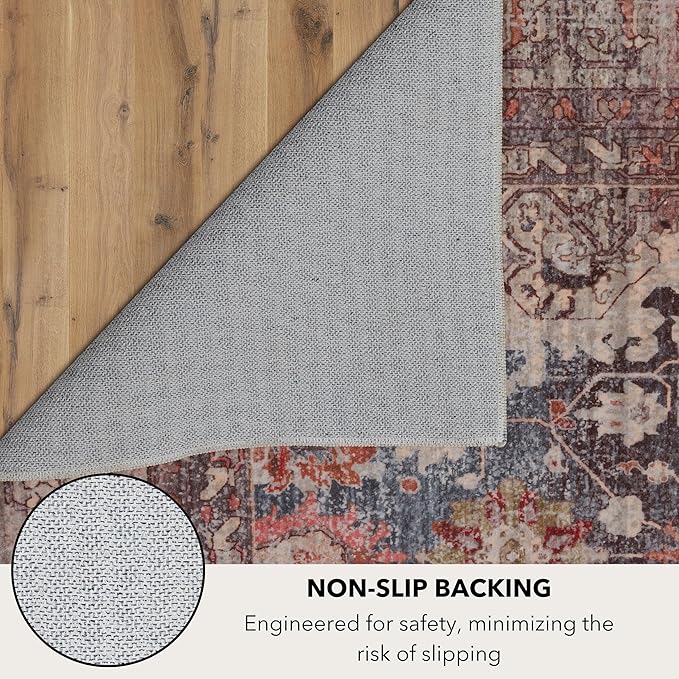 Kuden 5x7 Area Rug, Machine Washable Area Rug with Non-Slip Backing, Vintage Style, Soft, Easy Clean, Low Pile Rug for Living Room, Bedroom, Dining Room