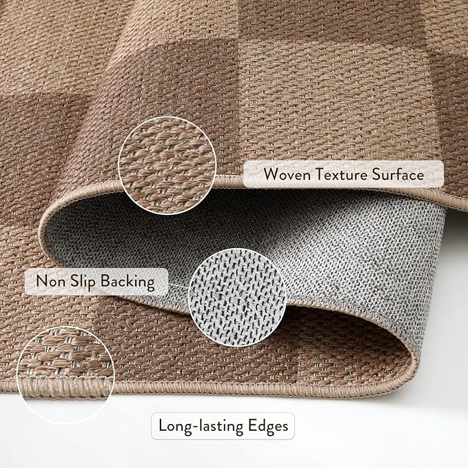 Lahome Checkered Easy Jute Kitchen Runner, 2x8 Washable Indoor Outdoor Runner Rug, Checkerboard Non Slip Non Shedding Neutral Carpet for Hallway Entryway Foyer