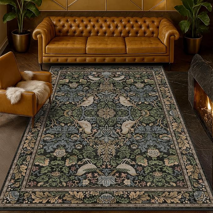Vintage Floral Area Rug 5x7 for Living Room - Dark Green Forest Bird Rugs for Bedroom, Dinning Room, Office, Non Slip Stain Resistant Low Pile
