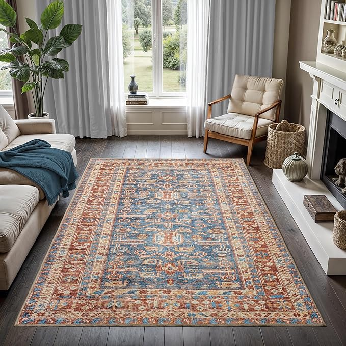 GLN Rugs Traditional Collection - Machine Washable Area Rug, Traditional Washable, Non Slip, Low Pile Chenille Rug, Living Room, Bedroom, Kitchen Rug (3' x 5' Terra/Slate Blue)