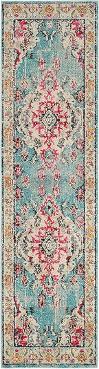 SAFAVIEH Monaco Collection Runner Rug - 2'2" x 12', Light Blue & Fuchsia, Medallion Distressed Design, Non-Shedding & Easy Care, Ideal for High Traffic Areas in Living Room, Bedroom (MNC243J)