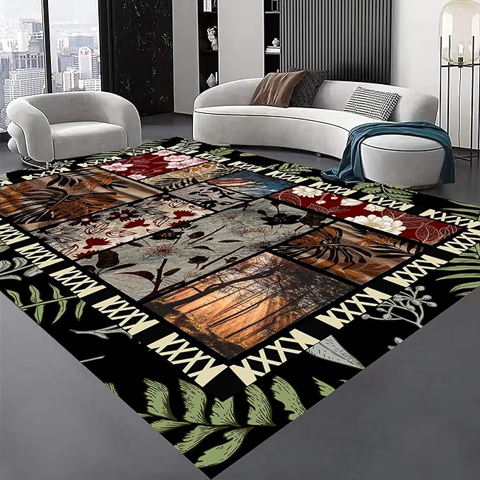 Vintage Jungle Floral Area Rug 3x4ft, Tropical Leaf Print Low Pile Carpet, Washable Non-Slip & Soft Mat for Bedroom, Living Room, Dining Room, Playroom