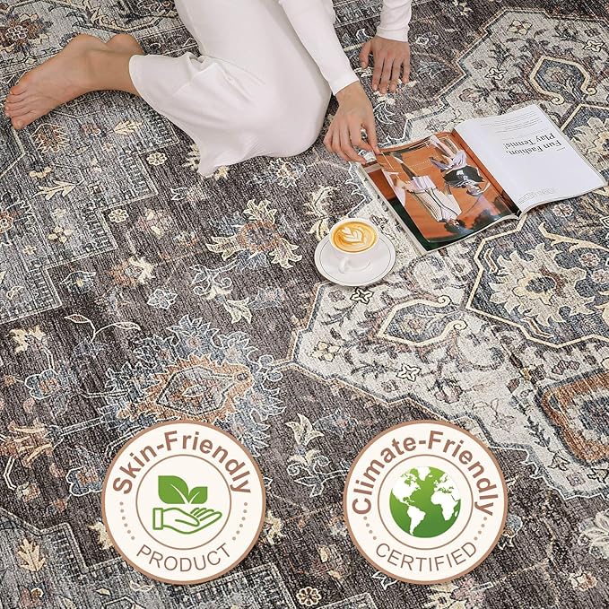 10x14 Area Rugs Living Room: Washable Boho Large Neutral Vintage Soft Rug Stain Resistant Farmhouse Non-Slip Indoor Floor Carpet for Bedroom Nursery Kids Office Dining Room Playroom- Grey Brown