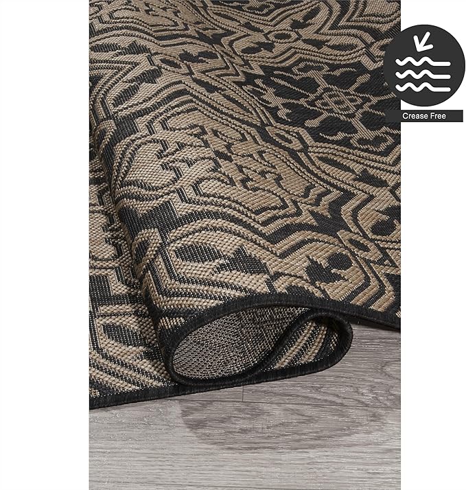 FH Home Flat Woven Outdoor Rug - Waterproof, Easy to Clean, Stain resistant - Premium Polypropylene Yarn - Mosaic Tile - Patio, Deck, Porch, Balcony, Laundry - Messina - Charcoal - 3ft 11 in x 5ft 6in