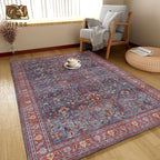 Washable Area Rug 5' x 7' Vintage Traditional Persian Mat - Foldable Distressed Non-Slip Machine Washable Carpet for Living Room Bedroom Kitchen Home Decor - Indigo and Crimson