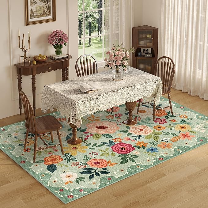 DUKINO 9x12 Area Rug, Floral Rugs for Living Room, Lightweight Non Slip Washable Rug, Indoor Low Pile & Non-Shedding Boho Design Rugs for Bedroom, Living Room, Dining Room,Green