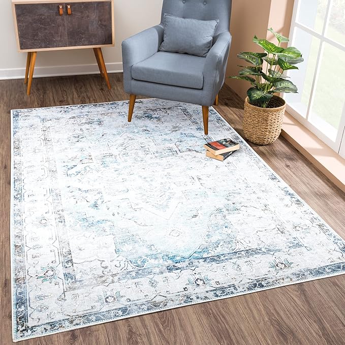 Bloom Rugs Washable Non-Slip 10x14 Rug - Beige/Blue Traditional Oriental Area Rug for Living Room, Bedroom, Dining Room, and Kitchen - Exact Size: 10' x 14'