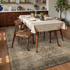 Washable Area Rug 9' x 12' Vintage Traditional Persian Mat - Foldable Distressed Non-Slip Machine Washable Carpet for Living Room Bedroom Kitchen Home Decor - Mocha and Taupe