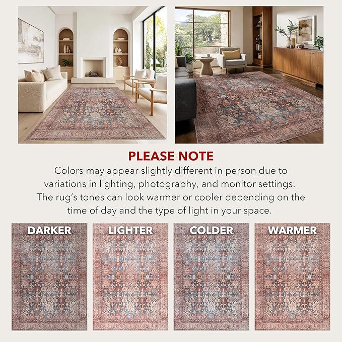 Kuden 9x12 Large Area Rug, Machine Washable Area Rug with Non-Slip Backing, Vintage Style, Soft, Easy Clean, Low Pile Rug for Living Room, Bedroom, Dining Room