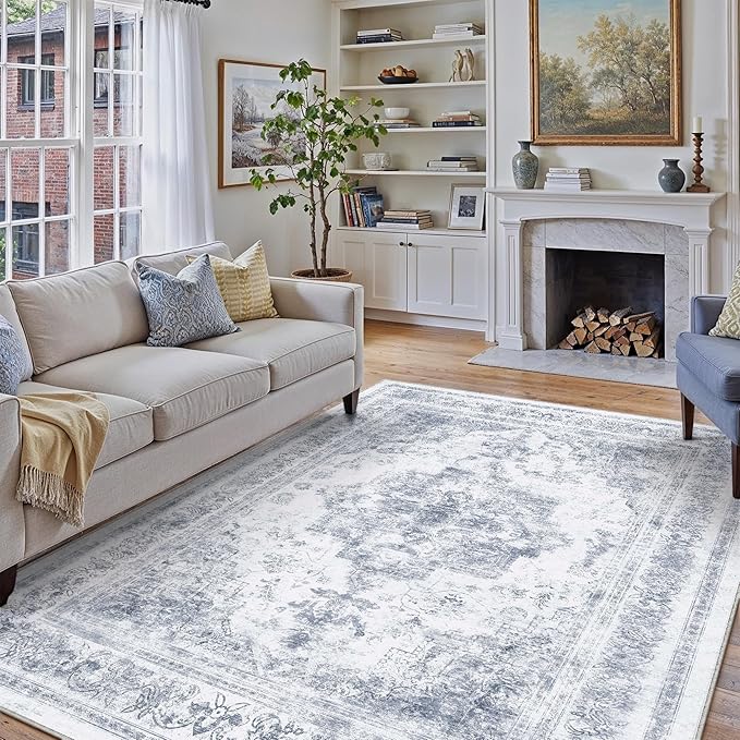 Washable Rug 9x12 Area Rug for Living Room Blue Vintage Boho Medallion Large Distressed Retro Carpet Non Slip Indoor Low Pile Small Soft Bedroom Dining Room Home Office