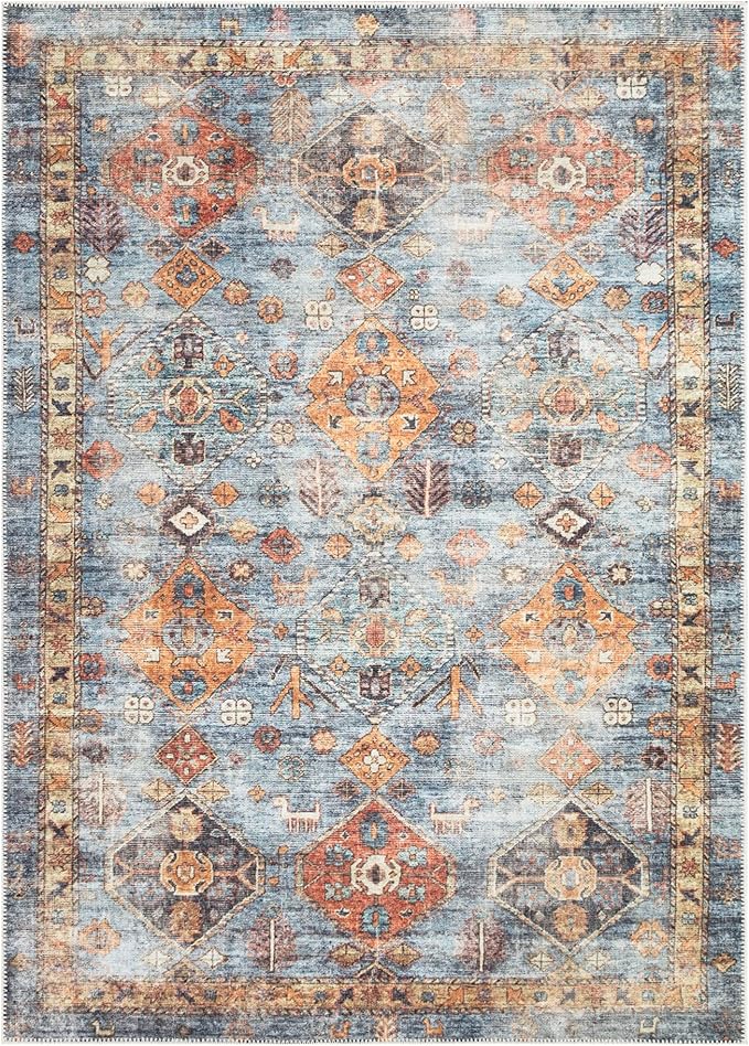 Bloom Rugs Washable Non-Slip 4' x 6' Rug - Blue/Orange Traditional Bordered Area Rug for Living Room, Bedroom, Dining Room, and Kitchen - Exact Size: 4' x 6'