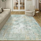 5x7 Washable Area Rug Teal Beige Abstract Living Room Bedroom Carpet Neutral Modern Non-Slip Soft Low Pile Lightweight Vacuumable Throw Rug for Dining Room Entryway