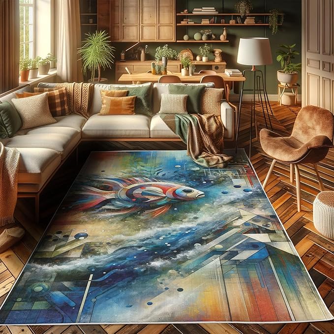 Ambesonne Modern Art Decorative Rug, Abstract Design of Color Jumble with Geometric Leafy Ornaments and Fish, Quality Carpet for Bedroom Dorm and Living Room, 2' 5" x 5', Sea Blue Multicolor