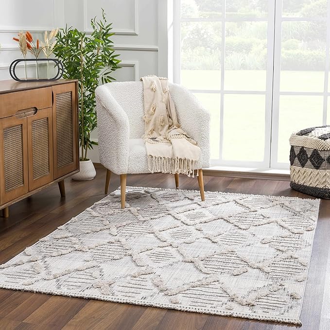 Hauteloom Bogtong Farmhouse Living Room Bedroom Moroccan Trellis Area Rug - Soft Shaggy High Low Carpet - High Pile - Bohemian, Boho - Gray, Beige, Cream - 6'7" x 9'