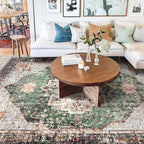 Area Rug 6x9 for Living Room Green Boho Rug Non-Slip Washable Vintage Low Pile Large Rug for Bedroom Dining Room