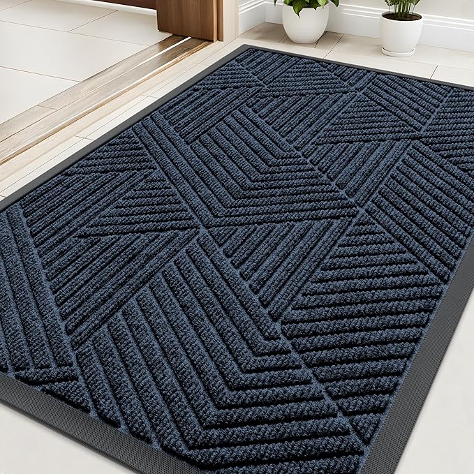 Kitinjoy Front Door Mat Outside Entrance, Sturdy Natural Dirt Trapper, Heavy Duty Rubber Doormat, Low Profile Non-Slip Backing, Easy Clean Floor Mat for Indoor Outdoor Entry, 29.5X17 Inch, Navy Blue