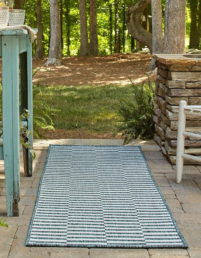 Unique Loom Outdoor Striped Collection Area Rug - Striped (2' x 6' 1" Runner, Teal/Ivory)