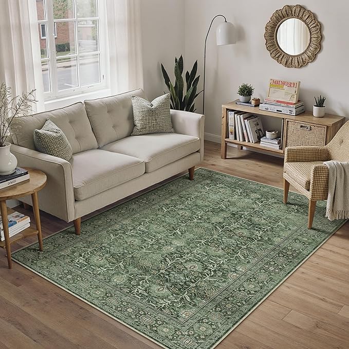 Green Area Rug 3x5 Washable Office Entryway Carpet Soft Vintage Indoor Kitchen Living Room Door Mat Traditional Retro Distressed Thicker Throw Small Rug Bedroom Dining Room Bathroom