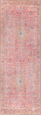 GLN Rugs Traditional Collection - Machine Washable Area Rug, Traditional Washable, Non Slip, Low Pile Chenille Rug, Living Room, Bedroom, Kitchen Rug (2'6" x 7' Pink/Cream)