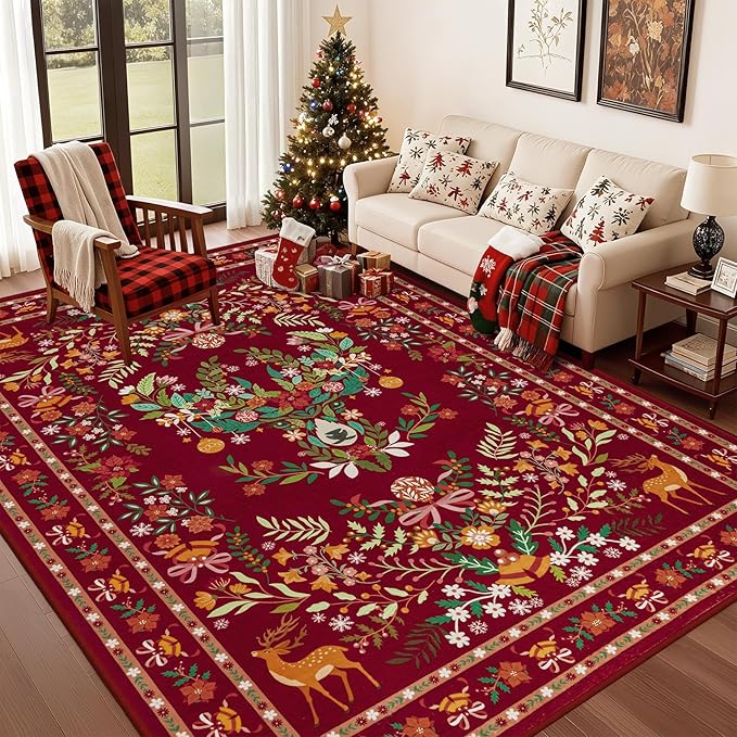 8x10 Area Rugs Living Room Rug: Christmas Washable Rug Floral Soft Carpet Indoor Floor Non-Slip Boho Stain Resistant Large Carpets for Bedroom Kids Nursery Dining Room Farmhouse Home Office Red