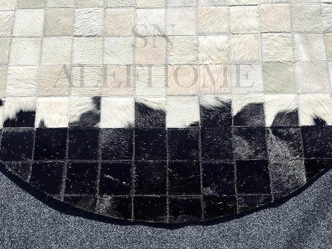 Round Geometric Patchwork Cowhide Leather Area Rug – Washable Non-Slip Modern Carpet for Living Room, Bedroom, Office & Home Décor, Faux Cowhide Accent Rug (Black & White, 7×7ft)