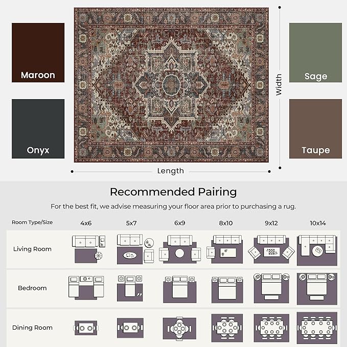 Kokia 9x12 Washable Area Rugs Maroon with Vintage Orient Design, Soft Rug for Living Room or Bedroom, Non-Slip Low Pile Stain Resistance Features, Distressed Medallion Pattern