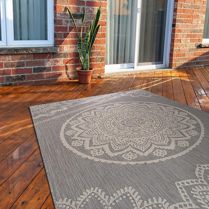 CAMILSON Outdoor Rug 10x14 Modern Area Rugs for Large Indoor and Outdoor Patios and Porches - Waterproof Washable Non-Shedding Easy-to-Clean Outside Carpet (10 x 14, Medallion - Grey/White)