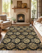 Black Damask Flower Golden Carpet for Living Room, 5x7 Non-Slip Washable Low Pile Abstract Design Rug, Space Saving Area Rug for Bedroom, Dining Room