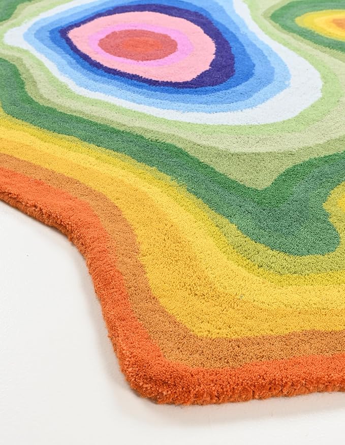 Irregular Shaped Handmade Wool Area Rug | Modern Colourful Stripe Premium Carpet | Perfect for Living Room, Bedroom, Dining Room & Home Decor (Rainbow, 9x9 ft)