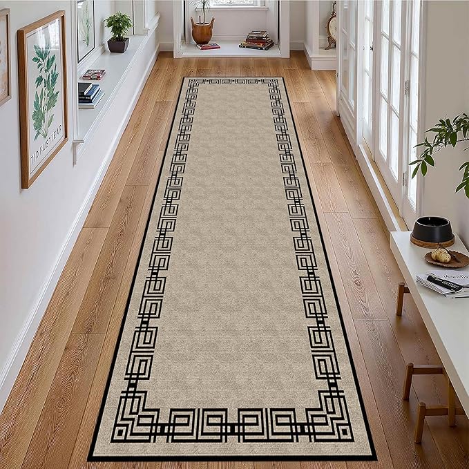 Vintage Tribal Hallway Rugs, 2.6x7ft, Southwest Brown Rustic Native Ethnic Greek Key Pattern Carpet Runners, Ultra-Thin Foldable Low Pile Distressed Rug for Dining Room Lounge