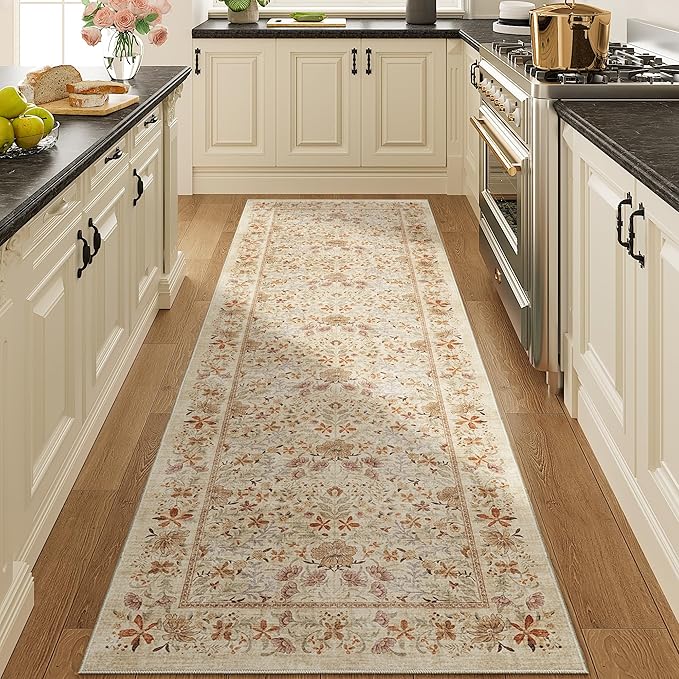 DUKINO 2.6x8 Runner Rug for Hallway, Washable Vintage Floral Kitchen Rug with Non Slip Backing, Soft Low Pile Throw Carpet Runner for Kitchen, Laundry, Hallway, Bathroom, Beige