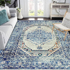 Easy-Going Area Rug 5x7 Washable Boho Rugs for Living Room Non-Slip Bedroom Rug Low Pile Lightweight Medallion Distressed Throw Rug for Dining Room Kitchen Home Office Carpet, Vintage Blue Cream